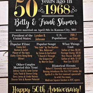 May include: A black and gold chalkboard style sign celebrating a 50th wedding anniversary for Betty and Frank Shumer. The sign includes details about the year 1968, including the president, popular films, songs, and events. The sign also includes the cost of gas, a postage stamp, a new house, a gallon of milk, and a new car in 1968.