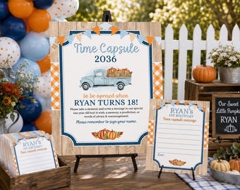 Little Pumpkin Time Capsule Sign, First Birthday Advice Cards, Personalized Party Activity