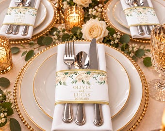 Personalized 50th Anniversary Napkin Wraps, Gold Floral Wedding Utensil Holders