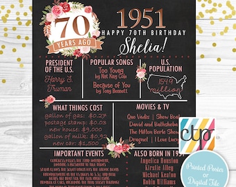 PRINTED 70th birthday poster, Back in 1951, What Happened in 1951, 70th Birthday Decorations, Pink, Copper, 70th Party Decor, Vintage 1951