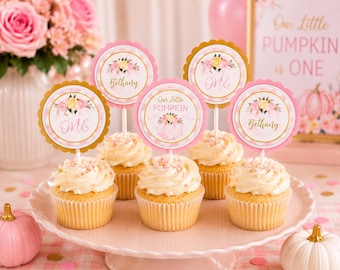Little Pumpkin Cupcake Toppers | Pink First Birthday Party Decorations