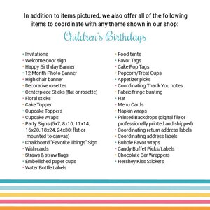 May include: A list of items for children's birthday parties, including invitations, decorations, food, and favors. The list is divided into two columns, with the left column listing items such as invitations, welcome door signs, and party signs, and the right column listing items such as food tents, favor tags, and candy buffet picks.