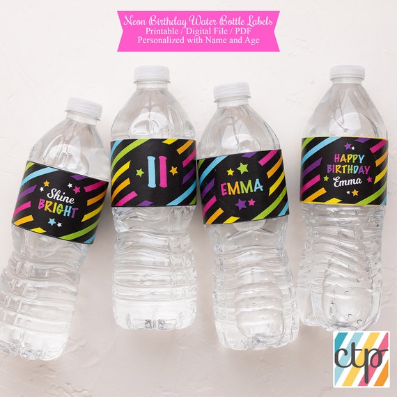Printable, Digital Download, Custom Water Bottle Labels, Birthday Decorations, Glow in the Dark Party, Girl, Il_570xn