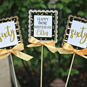 60TH BIRTHDAY DECORATIONS, 60th Birthday Centerpiece, Centerpiece Sticks, Cheers to 60 Years, Ladies Birthday, Birthday For Her, Black, Gold