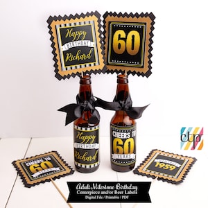 May include: Printable 60th birthday party decorations in black, gold, and white. The set includes beer bottle labels, a "Happy Birthday" sign, a "Cheers to 60 Years" sign, and a "Vintage 1959" sign.