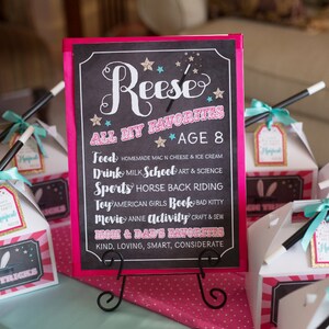 May include: A pink and black chalkboard sign with the text "Reese All My Favorites * Age 8" and a list of Reese's favorite things, including food, drinks, sports, toys, movies, and activities. The sign is on a black stand and there are several white boxes with pink and blue decorations and magic wands on a pink and white table.
