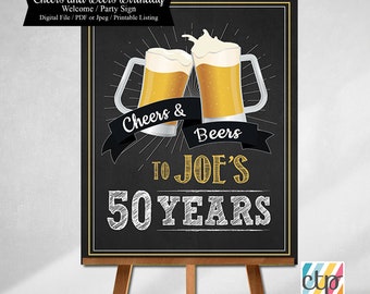 Cheers and Beers, Cheers to 50 Years Sign, Printed or Printable, 50th Birthday Party Sign, 50th Party Decorations, Digital Download,