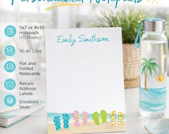 Personalized Beach Notepad, Custom Name Stationery, Flip Flop Design, Summer Desk Accessory, Coastal Gift
