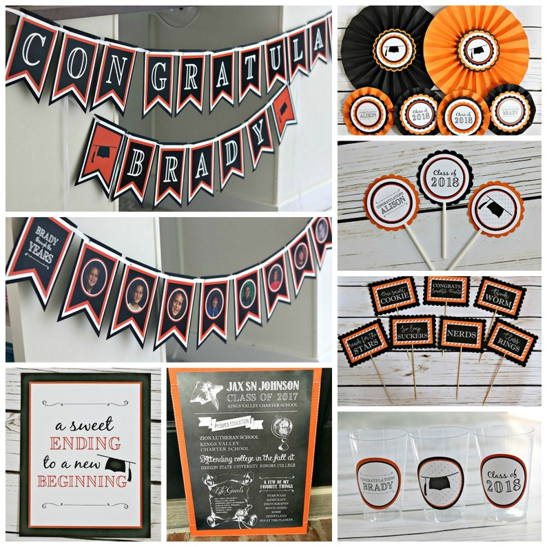 Op de afbeelding: Afstudeerfeestdecoraties in zwart, oranje en wit. De decoraties omvatten banners, cupcaketoppers en feestcadeaus. De banners zeggen "Gefeliciteerd Brady" en "Brady 13 jaar". De cupcaketoppers zeggen "Klas van 2018" en "Alison". De feestcadeaus zeggen "Klas van 2018" en "Gefeliciteerd Brady".