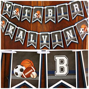 May include: A sports-themed banner with the name "KALVIN" and the words "1ST BIR", decorated with a basketball, football, and soccer ball.