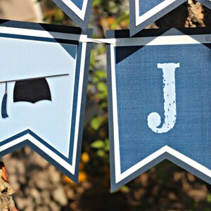 Op de afbeelding: Blauw-witte afstudeerbanner met een afstudeerhoed en de letter "J" erop gedrukt.