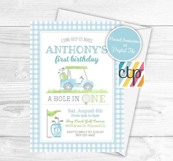 Golf Birthday Party Invitations, A Hole In ONE, Golf 1st Birthday Party, Boy Golf Invite, Golf Par-Tee, Blue Gingham Il_570xn