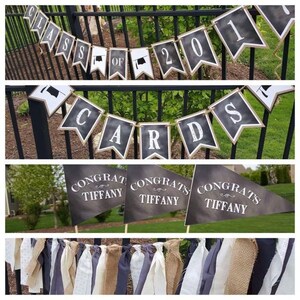 May include: Graduation party decorations with a black and white color scheme. The decorations include a banner that says "Class of 2021", a banner that says "Cards", and three pennants that say "Congrats Tiffany".