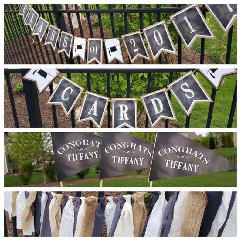 May include: Graduation party decorations with a black and white color scheme. The decorations include a banner that says "Class of 2021", a banner that says "Cards", and three pennants that say "Congrats Tiffany".