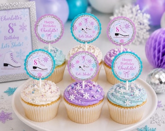 Ice Skating Cupcake Toppers, Personalized Figure Skate Birthday Decorations