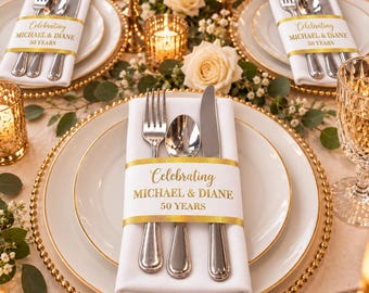 50th Anniversary Napkin Wraps, Personalized Gold and White Utensil Holders