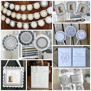 May include: A set of 60th anniversary party decorations in silver and gray. The set includes a banner, table decorations, water bottle labels, and a sign. The banner says "Happy 60th Anniversary". The table decorations include circles with the text "60 years" and "Don & Wynelle". The water bottle labels say "60 years" and "Don & Wynelle". The sign says "Welcome Don & Wynelle's 60th Anniversary Celebration".