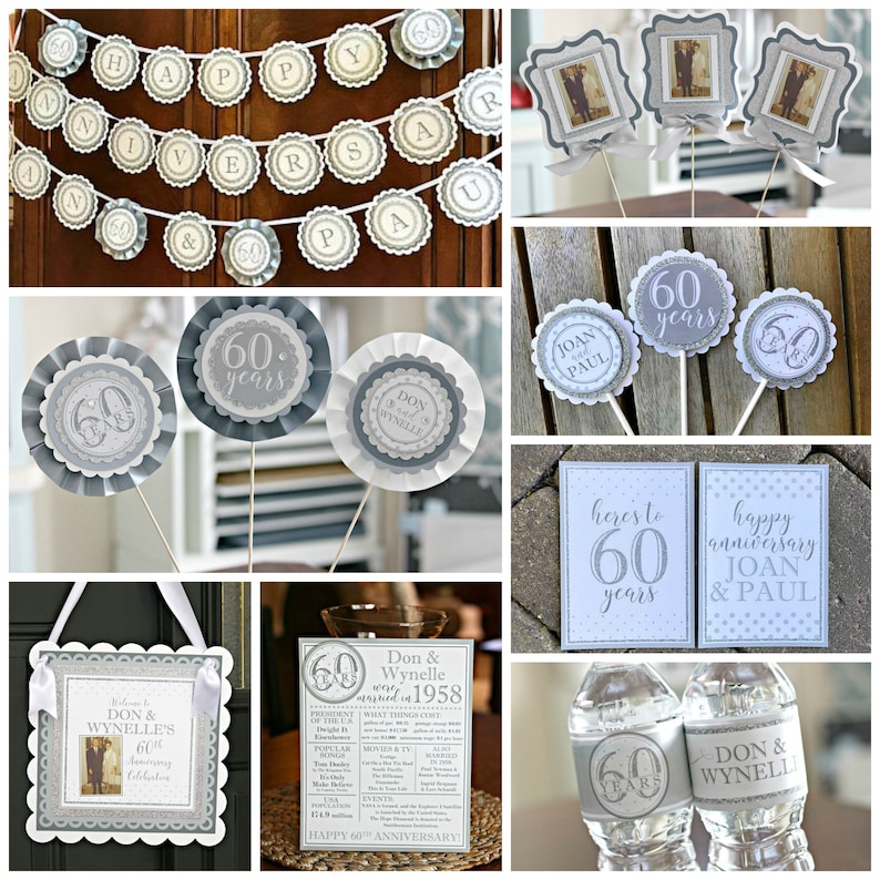 May include: A set of 60th anniversary party decorations in silver and gray. The set includes a banner, table decorations, water bottle labels, and a sign. The banner says "Happy 60th Anniversary". The table decorations include circles with the text "60 years" and "Don & Wynelle". The water bottle labels say "60 years" and "Don & Wynelle". The sign says "Welcome Don & Wynelle's 60th Anniversary Celebration".