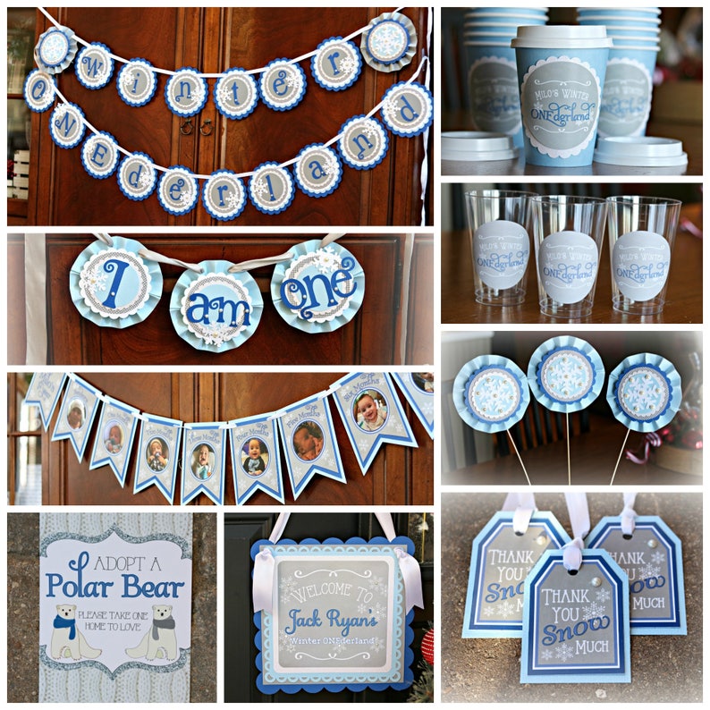 May include: A set of winter wonderland themed party decorations for a first birthday. The decorations include a banner that says "Winter Wonderland", a banner that says "I am one", a banner with photos, a sign that says "Adopt a Polar Bear", a sign that says "Welcome to Jack Ryan's Winter Wonderland", and thank you tags that say "Thank You Snow Much".