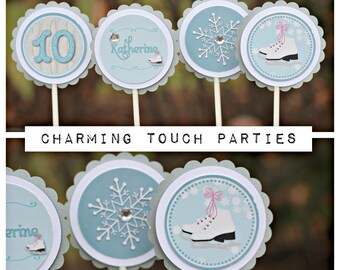 ICE SKATING BIRTHDAY Party Cupcake Toppers, Winter Birthday, Twirl and Spin, Ice Skating Decorations, Blue and Silver