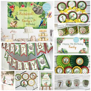May include: A set of printable party decorations for a rainforest themed birthday party. The decorations include a welcome sign, a banner, cupcake toppers, water bottle labels, favor tags, and a sign that says "Happy 7th Birthday Emily".