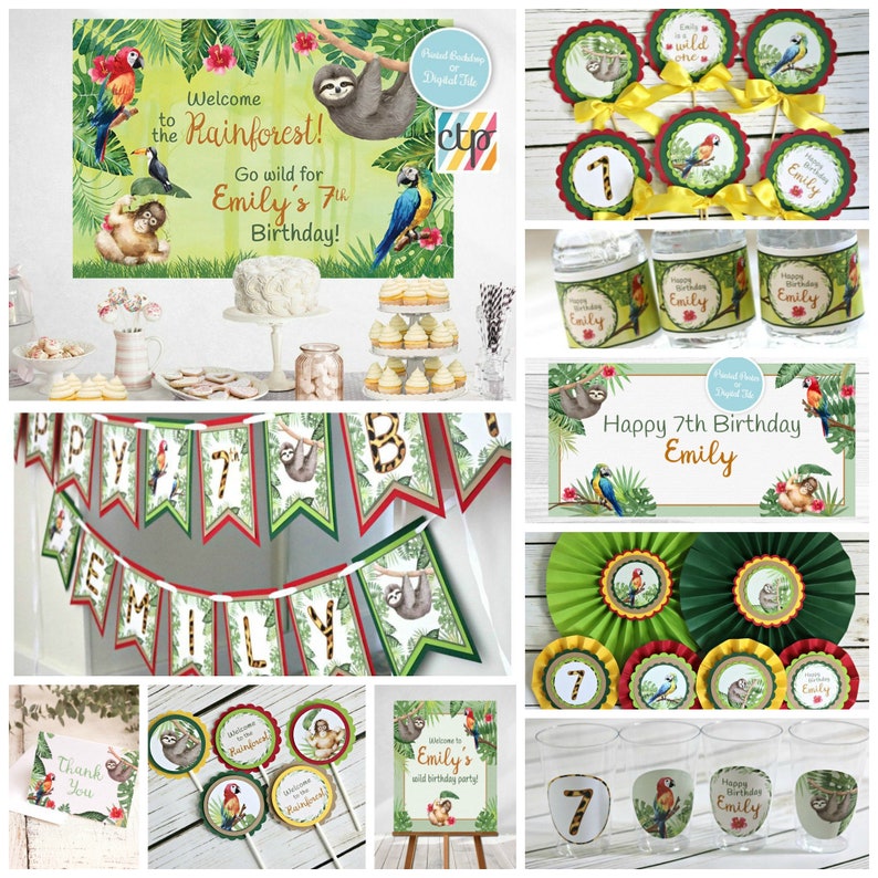 May include: A set of printable party decorations for a rainforest themed birthday party. The decorations include a welcome sign, a banner, cupcake toppers, water bottle labels, favor tags, and a sign that says "Happy 7th Birthday Emily".