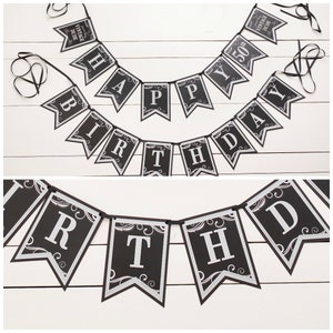 Puede incluir: Pancarta de feliz cumplea&ntilde;os en negro y plata con las palabras "Vintage Dude" y "50th" en dos de las banderas.