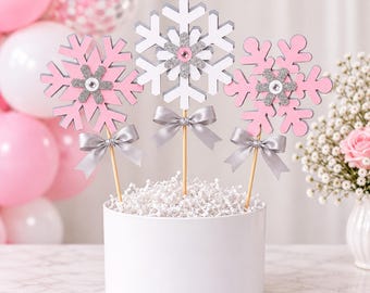 Pink Snowflake Centerpiece Sticks, Winter ONEderland First Birthday Table Decorations