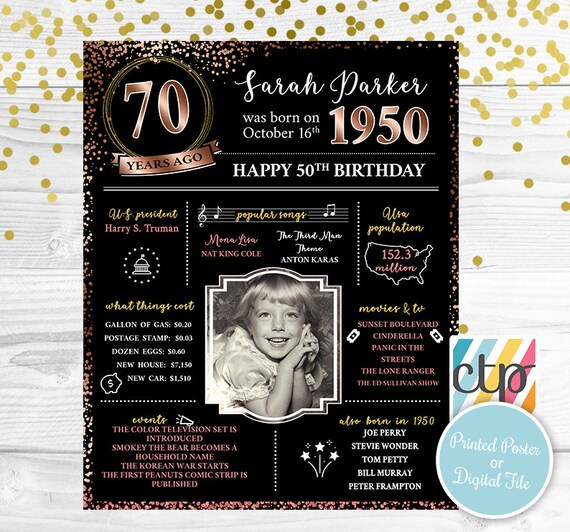 PRINTED 70th birthday poster, Back in 1950, What Happened in 1950, 70th Birthday Decorations, Rose Gold, 70th Party Decor, Vintage 1950 Il_570xn