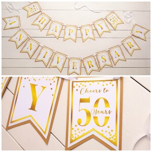 May include: Gold and white banner with the words "Happy Anniversary" and "Cheers to 50 Years".