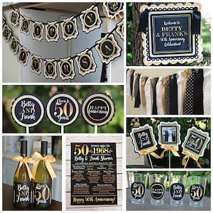 May include: Black and gold 50th anniversary party decorations. The decorations include a banner, welcome sign, cupcake toppers, wine bottle labels, and table decorations. The text on the decorations says "Cheers to 50 Years", "Happy Anniversary", and "Welcome to Betty & Frank's 50th Anniversary Celebration!"