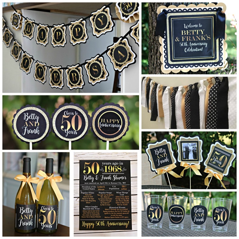 May include: Black and gold 50th anniversary party decorations. The decorations include a banner, welcome sign, cupcake toppers, wine bottle labels, and table decorations. The text on the decorations says "Cheers to 50 Years", "Happy Anniversary", and "Welcome to Betty & Frank's 50th Anniversary Celebration!"