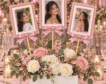 Personalized Pink Quinceañera Photo Centerpiece, Rose Gold Sweet 15 Decor