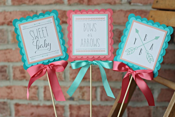 TRIBAL GENDER REVEAL Centerpiece, Baby Gender Reveal Party, Bows or Arrows, Boho Chic Baby Shower, Coral and Aqua Il_570xn