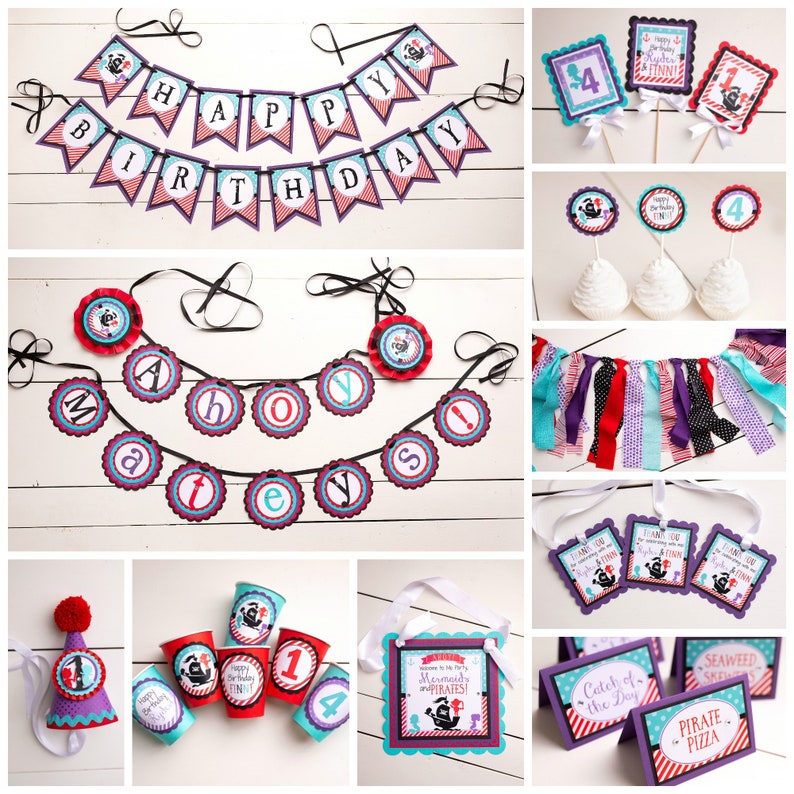 Twin Birthday Theme Door Hanger Swim On In Boy and Girl Birthday Pirates and Mermaids Welcome Sign