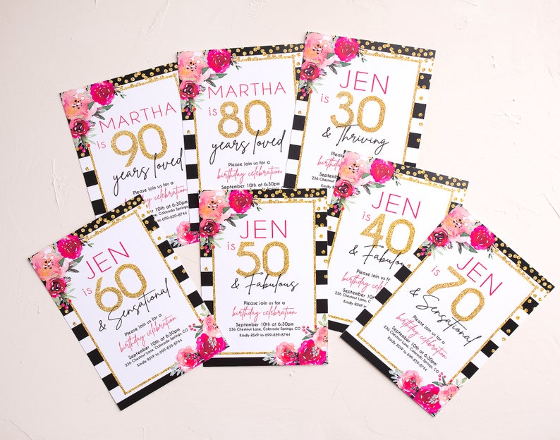 May include: A set of ten birthday party invitations with black and white chequered backgrounds, gold glitter accents, and pink floral designs. The invitations feature the text "Jen is [age] & [descriptor]" with the age ranging from 30 to 70 and descriptors like "Thriving", "Fabulous", and "Sensational".