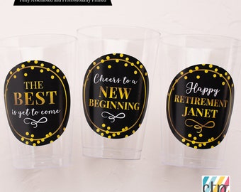Plastic Cups for Retirement Celebration, Set of 10, Personalized with Name, Black and Gold