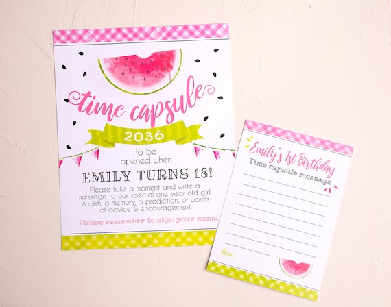 Watermelon Birthday, Time Capsule Set, Watermelon First Birthday Sign + Guest Cards, Wish Cards Il_570xn