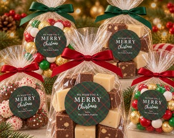 Personalized Christmas Candy Stickers, Holiday Treat Bag Labels, Plaid Fudge Gift Seals