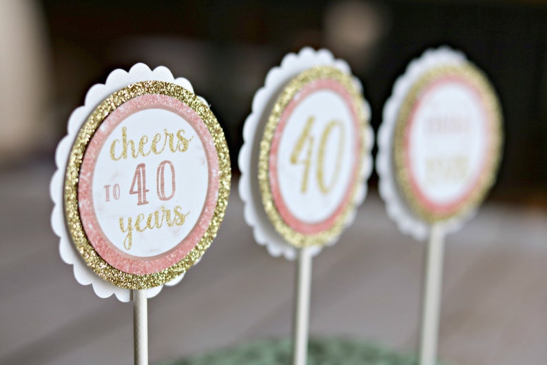 ROSE GOLD Women's Birthday Favor Tags Female Milestone Birthday 40th Party Decorations Gold Glitter 40th Party Decor Cheers to 40 Years image 4