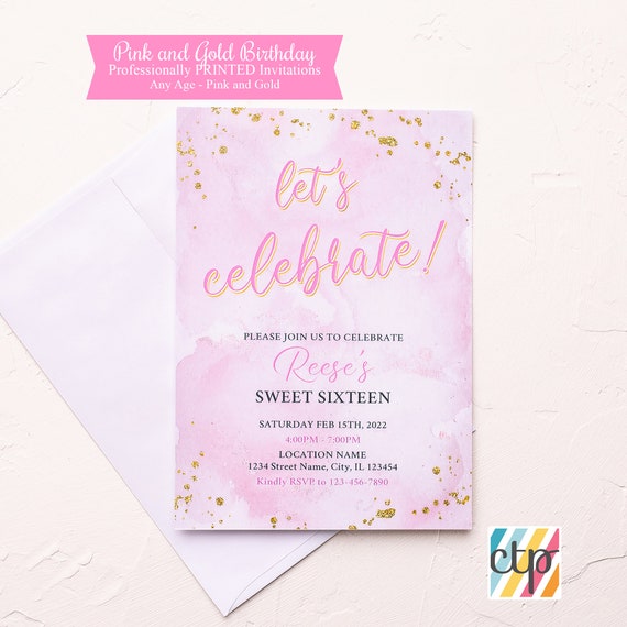 PRINTED Pink And Gold Invitation Sweet 16 Invitation Sweet Sixteen printed-pink-and-gold-invitation-sweet-16-invitation-sweet-sixteen