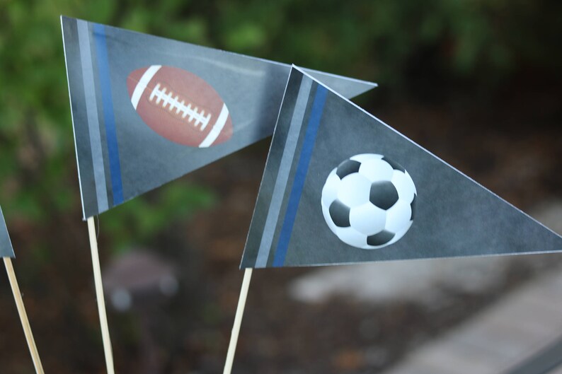 May include: Two gray pennant flags with blue stripes. One flag has a brown football with white laces. The other flag has a black and white soccer ball.