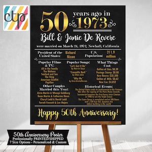 GOLDEN ANNIVERSARY Printed Poster Were Married in Year Marriage Board Back in 1973 What Happened in 1973 50th Anniversary , Black and Gold image 1