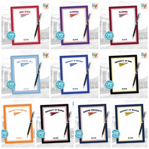 May include: A selection of personalised notepads with university logos such as Ohio State, Clemson, and Alabama. Each notepad has a coloured border, the university name, and the name "Olivia". A black pen is included.