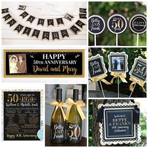 May include: Black and gold 50th anniversary party decorations.  The decorations include a banner, a sign, a table card, a wine bottle label, and a welcome sign.  The text on the decorations says "Happy 50th Anniversary", "Betty and Frank", "Cheers to 50 Years", and "Welcome to Betty and Frank's 50th Anniversary Celebration!"