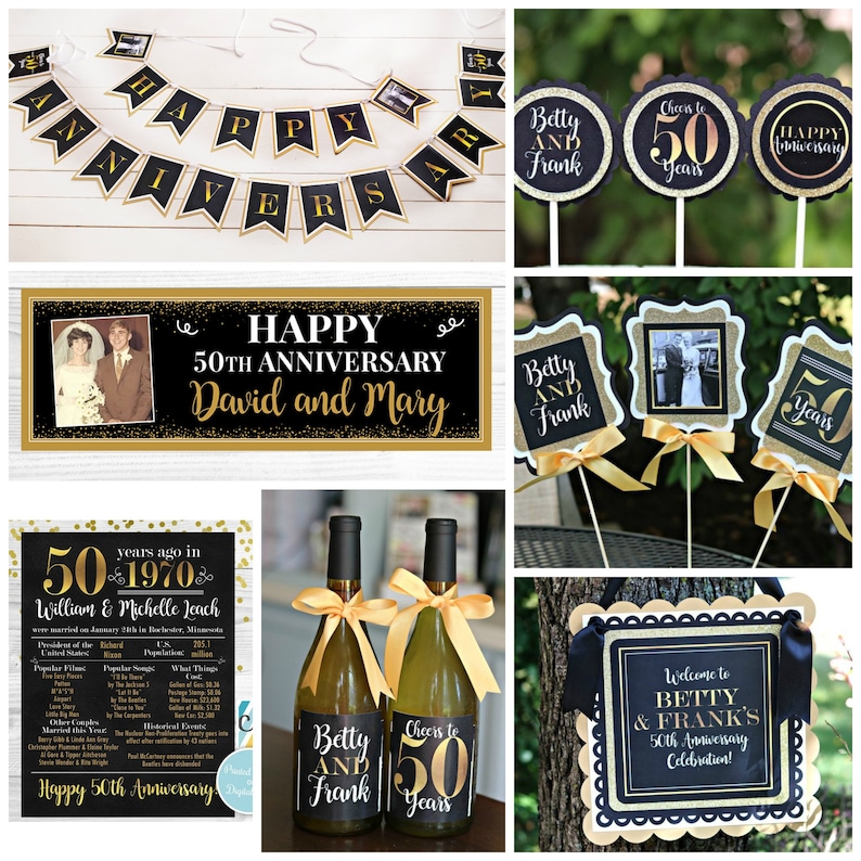 May include: Black and gold 50th anniversary party decorations.  The decorations include a banner, a sign, a table card, a wine bottle label, and a welcome sign.  The text on the decorations says "Happy 50th Anniversary", "Betty and Frank", "Cheers to 50 Years", and "Welcome to Betty and Frank's 50th Anniversary Celebration!"