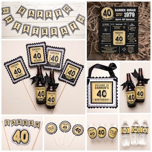 May include: A set of 40th birthday party decorations in black, gold, and gray. The decorations include a banner, cupcake toppers, bottle labels, a welcome sign, and water bottle labels. The decorations feature the text "Cheers to 40 Years" and "Aged 40 One of a Kind Vintage".