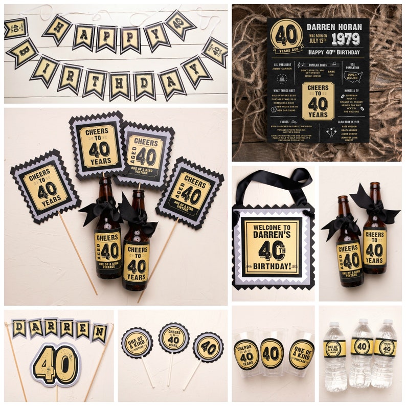 May include: A set of 40th birthday party decorations in black, gold, and gray. The decorations include a banner, cupcake toppers, bottle labels, a welcome sign, and water bottle labels. The decorations feature the text "Cheers to 40 Years" and "Aged 40 One of a Kind Vintage".