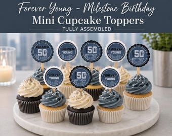 Mini Cupcake Toppers for Milestone Birthday, Forever Young Theme - Fully Assembled!