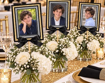 Bar Mitzvah Photo Centerpiece, Personalized Table Decoration, Black Gold Party Decor